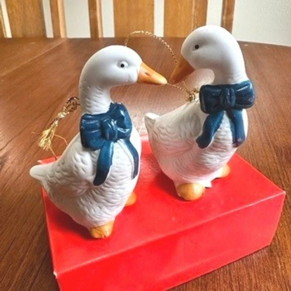 Unbranded Porcelain Goose Ornaments Set of 2 White Blue Bow Vintage Christmas